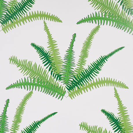 Canyon Ferns wallpaper in Jungle colorway by Schumacher, featuring large-scale green fern fronds in a botanical pattern designed by Cristina Buckley.