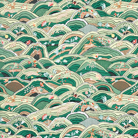 Rolling Hills green wallpaper with charming animals and naive landscape, Flight of Fancy collection by Schumacher