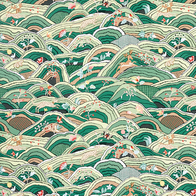 Rolling Hills green wallpaper with charming animals and naive landscape, Flight of Fancy collection by Schumacher