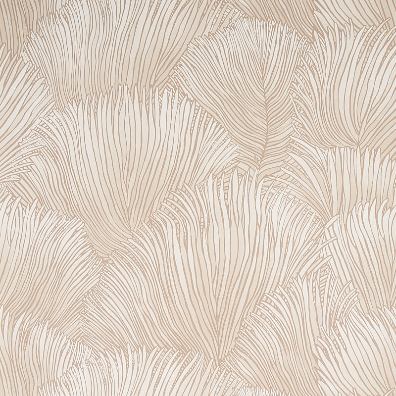 FONDALE Ivory wallcovering with scalloped palm frond pattern from Schumacher Mystique collection, shown in room and detail views.