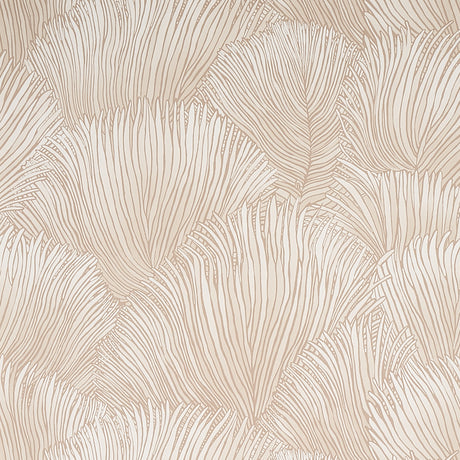 FONDALE Ivory wallcovering with scalloped palm frond pattern from Schumacher Mystique collection, shown in room and detail views.