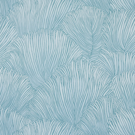 Aqua palm frond botanical wallpaper with scalloped arrangement and ombré effect from Schumacher's Mystique collection.