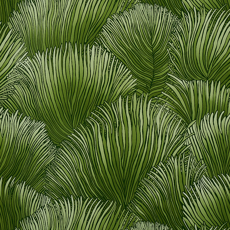 FONDALE green botanical palm frond wallpaper from the Mystique collection by Schumacher, shown in a styled interior and close-up views.