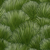 FONDALE green botanical palm frond wallpaper from the Mystique collection by Schumacher, shown in a styled interior and close-up views.