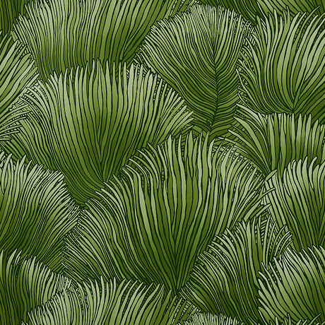 FONDALE green botanical palm frond wallpaper from the Mystique collection by Schumacher, shown in a styled interior and close-up views.
