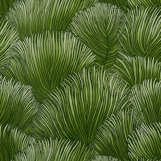 FONDALE green botanical palm frond wallpaper from the Mystique collection by Schumacher, shown in a styled interior and close-up views.