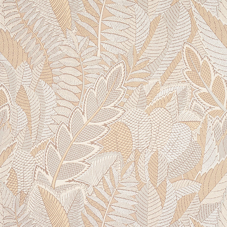 Japura Forest wallpaper in a neutral colorway featuring a dense, large-scale botanical leaf pattern, styled in a modern living space.