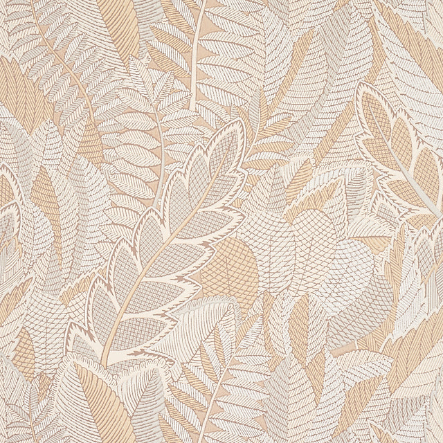 Japura Forest wallpaper in a neutral colorway featuring a dense, large-scale botanical leaf pattern, styled in a modern living space.