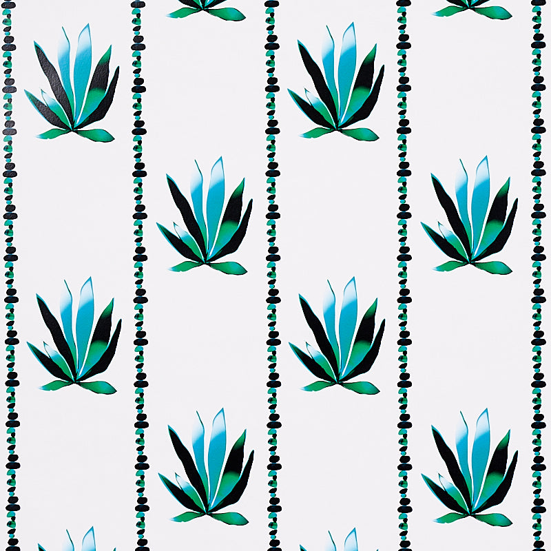 Agave Stripe Lanai wallpaper by Schumacher featuring stylized agave motifs in painterly stripes, designed by Peg Norriss.
