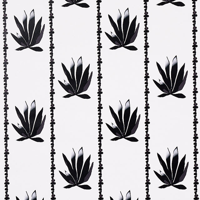 Agave Stripe parchment-colored wallpaper with stylized agave motif in painterly, pebbled stripes by Schumacher, shown in a modern interior setting.