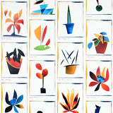 Botanicals Spectrum Multi wallpaper by Peg Norriss for Schumacher, featuring colorful abstract botanical illustrations in a collage style.