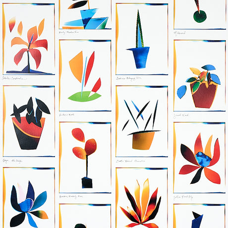 Botanicals Spectrum Multi wallpaper by Peg Norriss for Schumacher, featuring colorful abstract botanical illustrations in a collage style.