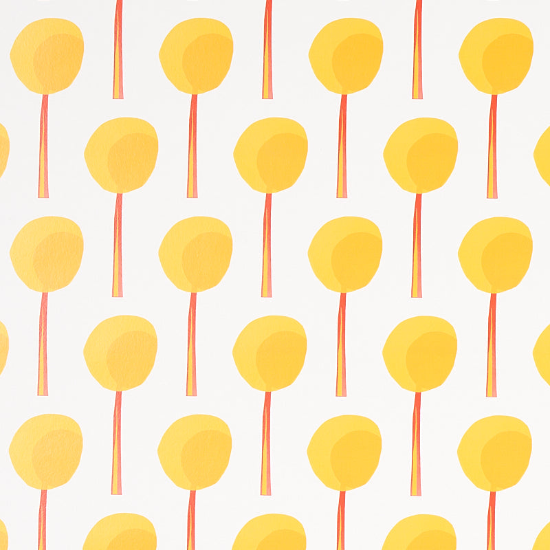 Topiary wallpaper in marigold by Peg Norriss for Schumacher, featuring a small-scale graphic botanical pattern of yellow topiary shapes.