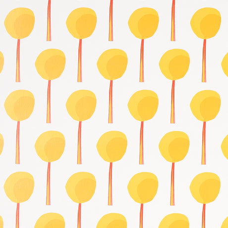 Topiary wallpaper in marigold by Peg Norriss for Schumacher, featuring a small-scale graphic botanical pattern of yellow topiary shapes.