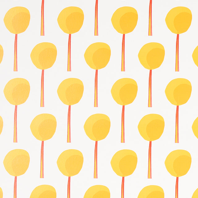 Topiary wallpaper in marigold by Peg Norriss for Schumacher, featuring a small-scale graphic botanical pattern of yellow topiary shapes.