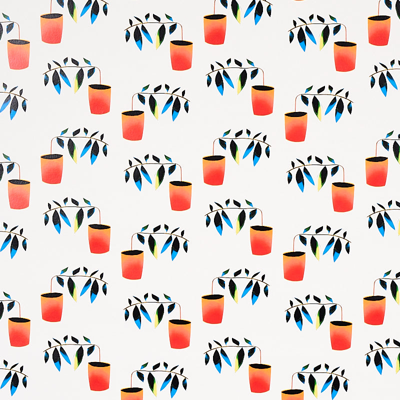 Reaching Out wallpaper by Peg Norriss for Schumacher, featuring playful spectrum multi-colored potted plants on a white background.