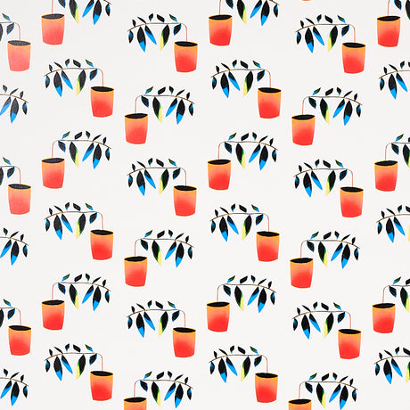 Reaching Out wallpaper by Peg Norriss for Schumacher, featuring playful spectrum multi-colored potted plants on a white background.