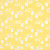 Reaching Out wallpaper in Lemonade by Peg Norriss for Schumacher, featuring quirky white potted plants on a yellow background.