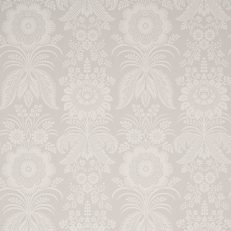 Greta grey floral damask surface print wallpaper by Schumacher, New Traditional collection