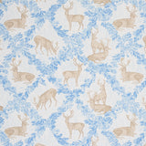 Woburn Meadow wallpaper in Ice by Schumacher, featuring a rustic stag and oak leaf trellis pattern in blue and beige tones.