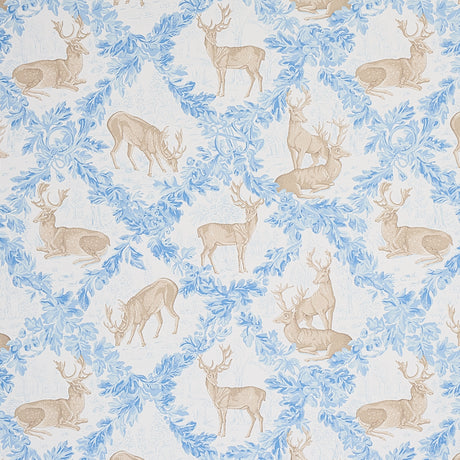 Woburn Meadow wallpaper in Ice by Schumacher, featuring a rustic stag and oak leaf trellis pattern in blue and beige tones.