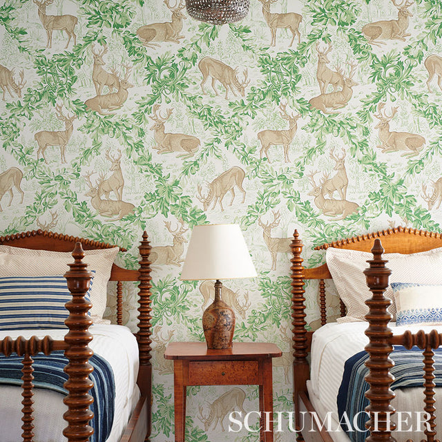 Woburn Meadow Forest by Schumacher Luxe Lodge Rustic Stag & Oak Leaf Wallpaper – Schumacher 5012731
