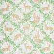 Woburn Meadow wallpaper in Forest by Schumacher, featuring stags and oak leaf trellis in green and brown tones.
