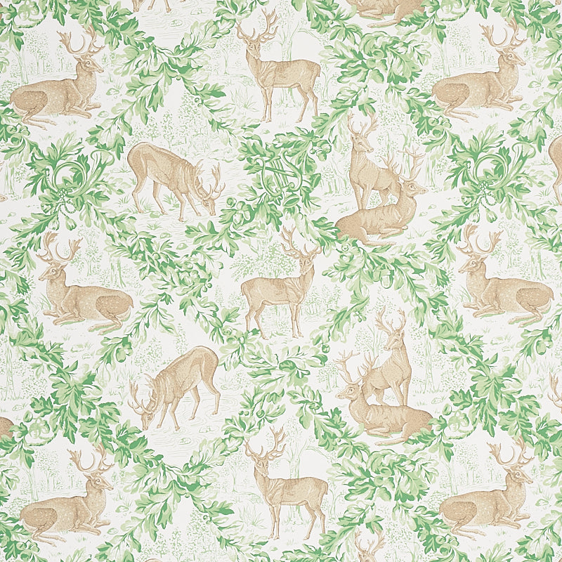 Woburn Meadow wallpaper in Forest by Schumacher, featuring stags and oak leaf trellis in green and brown tones.