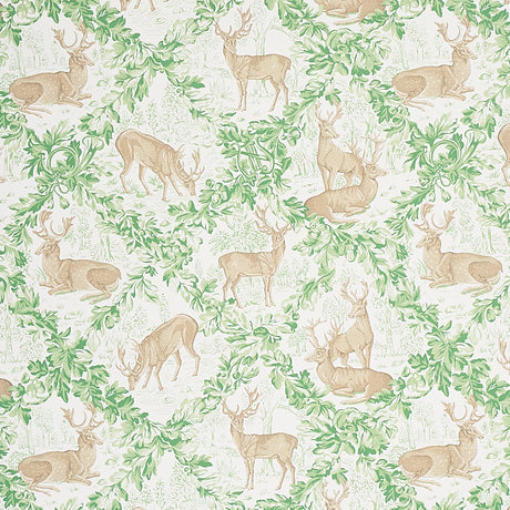 Woburn Meadow wallpaper in Forest by Schumacher, featuring stags and oak leaf trellis in green and brown tones.