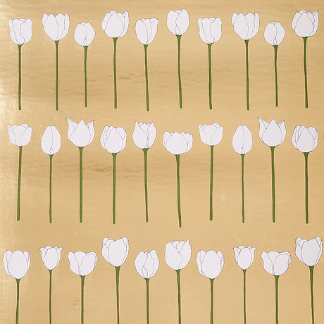Edie Metallic wallpaper in Glam Gold by Cristina Buckley for Schumacher, featuring white tulip silhouettes on a shiny gold background.