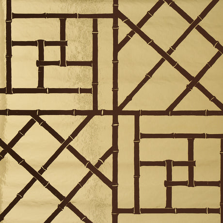Trellis Metallic wallpaper in Glam Gold by Cristina Buckley for Schumacher, featuring a shiny mylar bamboo fretwork pattern.