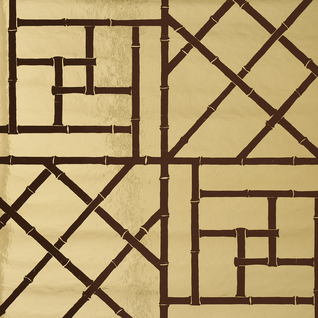 Trellis Metallic wallpaper in Glam Gold by Cristina Buckley for Schumacher, featuring a shiny mylar bamboo fretwork pattern.