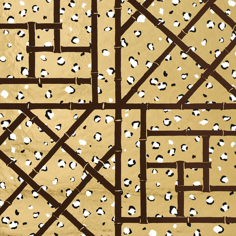 Fancy Beast Metallic wallpaper in Glam Gold by Cristina Buckley for Schumacher, featuring a chic leopard spot and trellis motif with metallic gold background.