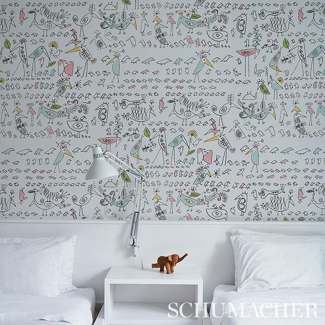 Aviary Soft Multi by Schumacher Whimsical Bird Wallpaper – Schumacher 5012780