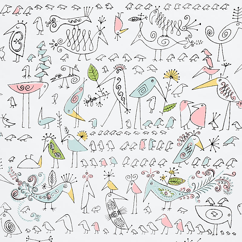 Aviary wallpaper by Schumacher featuring whimsical, soft multi-colored doodle birds on a white background.