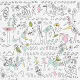 Aviary wallpaper by Schumacher featuring whimsical, soft multi-colored doodle birds on a white background.