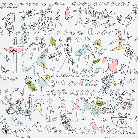 Aviary wallpaper by Schumacher featuring whimsical, soft multi-colored doodle birds on a white background.
