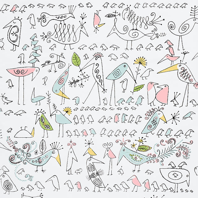 Aviary wallpaper by Schumacher featuring whimsical, soft multi-colored doodle birds on a white background.