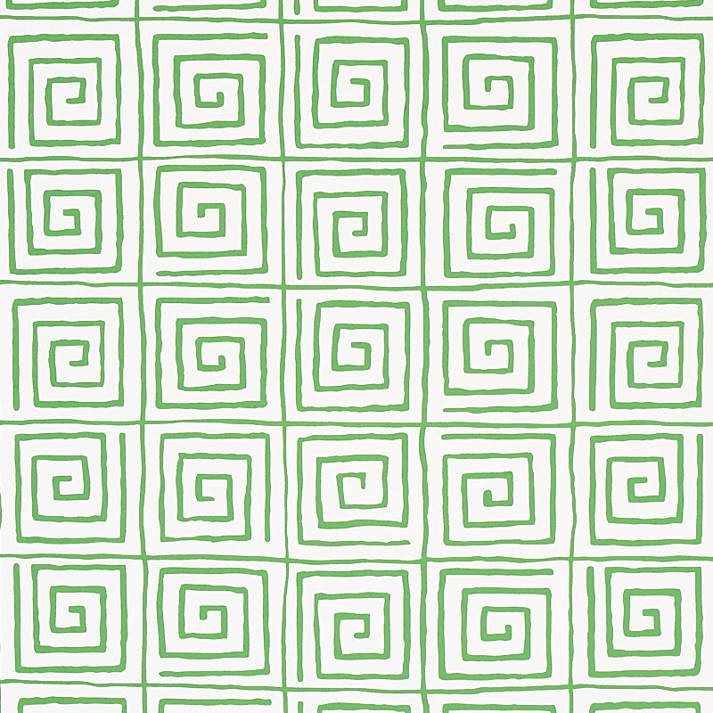 TROUSDALE wallpaper in Leaf by Cristina Buckley for Schumacher, featuring a green Greek key pattern on white background.