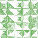 TROUSDALE wallpaper in Leaf by Cristina Buckley for Schumacher, featuring a green Greek key pattern on white background.
