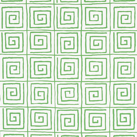 TROUSDALE wallpaper in Leaf by Cristina Buckley for Schumacher, featuring a green Greek key pattern on white background.