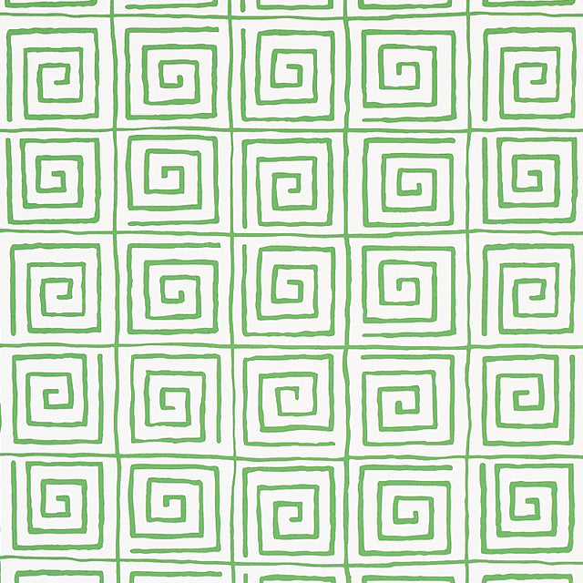 TROUSDALE wallpaper in Leaf by Cristina Buckley for Schumacher, featuring a green Greek key pattern on white background.