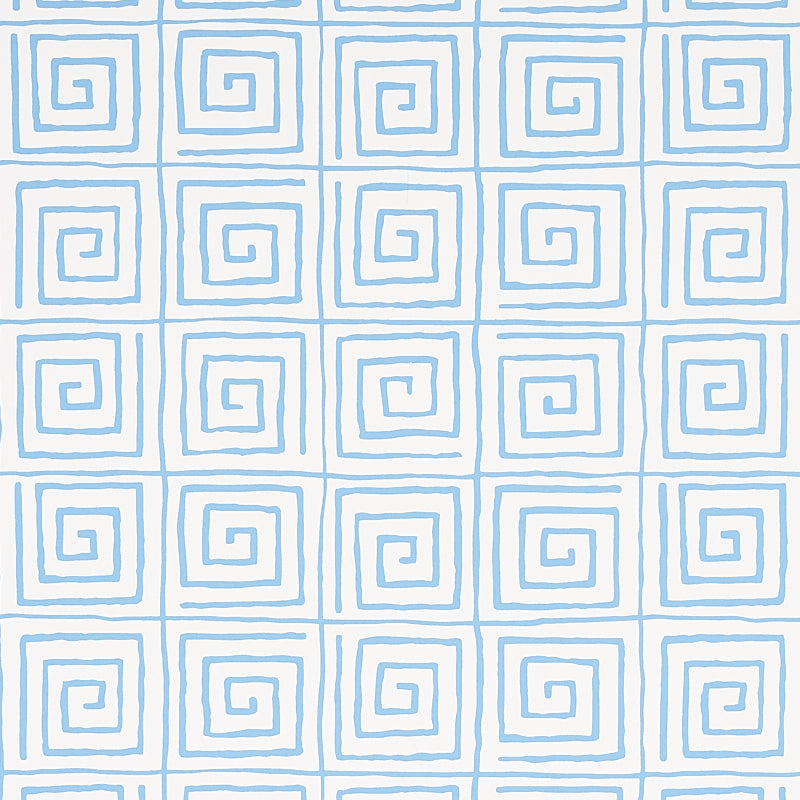 Trousdale Aqua Greek key pattern wallpaper by Cristina Buckley for Schumacher, shown in a bathroom interior.