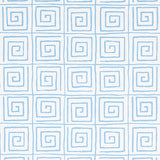 Trousdale Aqua Greek key pattern wallpaper by Cristina Buckley for Schumacher, shown in a bathroom interior.