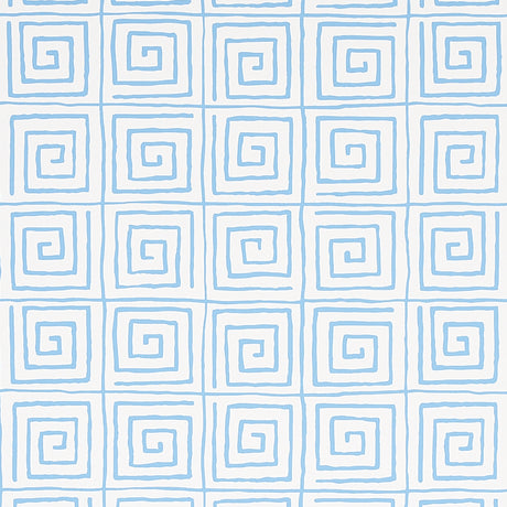 Trousdale Aqua Greek key pattern wallpaper by Cristina Buckley for Schumacher, shown in a bathroom interior.