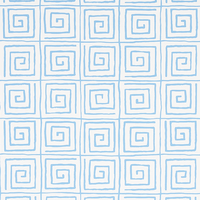 Trousdale Aqua Greek key pattern wallpaper by Cristina Buckley for Schumacher, shown in a bathroom interior.