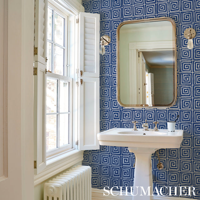 Trousdale Midnight Blue by Cristina Buckley Greek Key Wallpaper – Schumacher 5012813