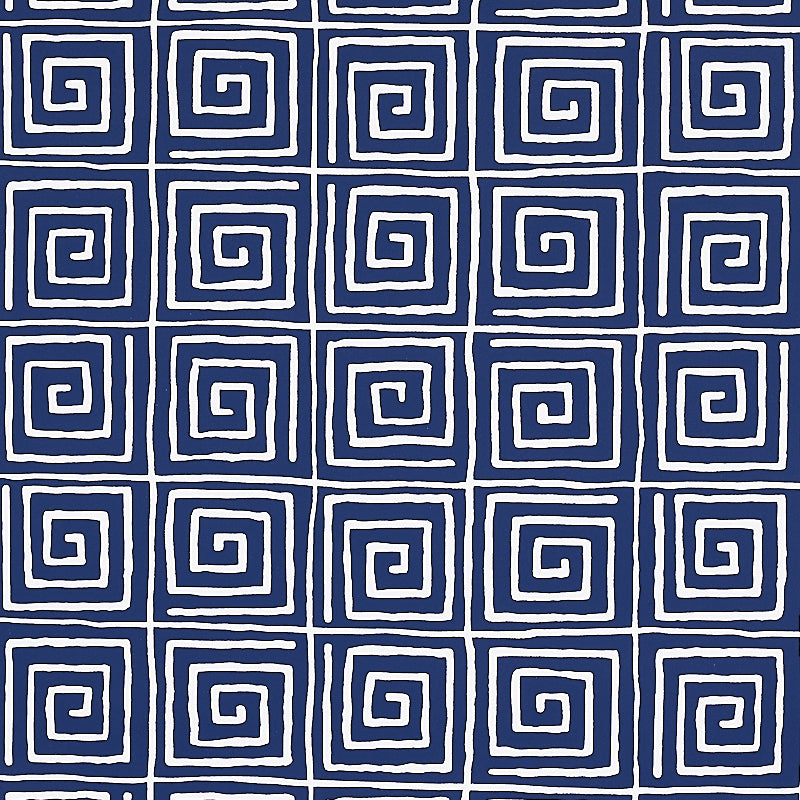 Trousdale Midnight Blue Greek key pattern wallpaper by Cristina Buckley for Schumacher, shown in a bathroom interior.
