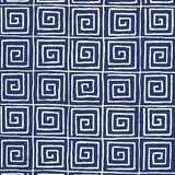 Trousdale Midnight Blue Greek key pattern wallpaper by Cristina Buckley for Schumacher, shown in a bathroom interior.