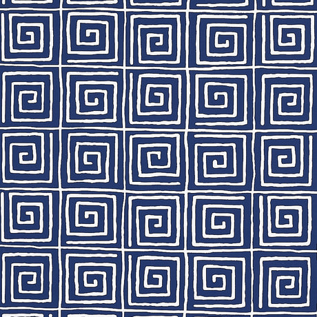 Trousdale Midnight Blue Greek key pattern wallpaper by Cristina Buckley for Schumacher, shown in a bathroom interior.